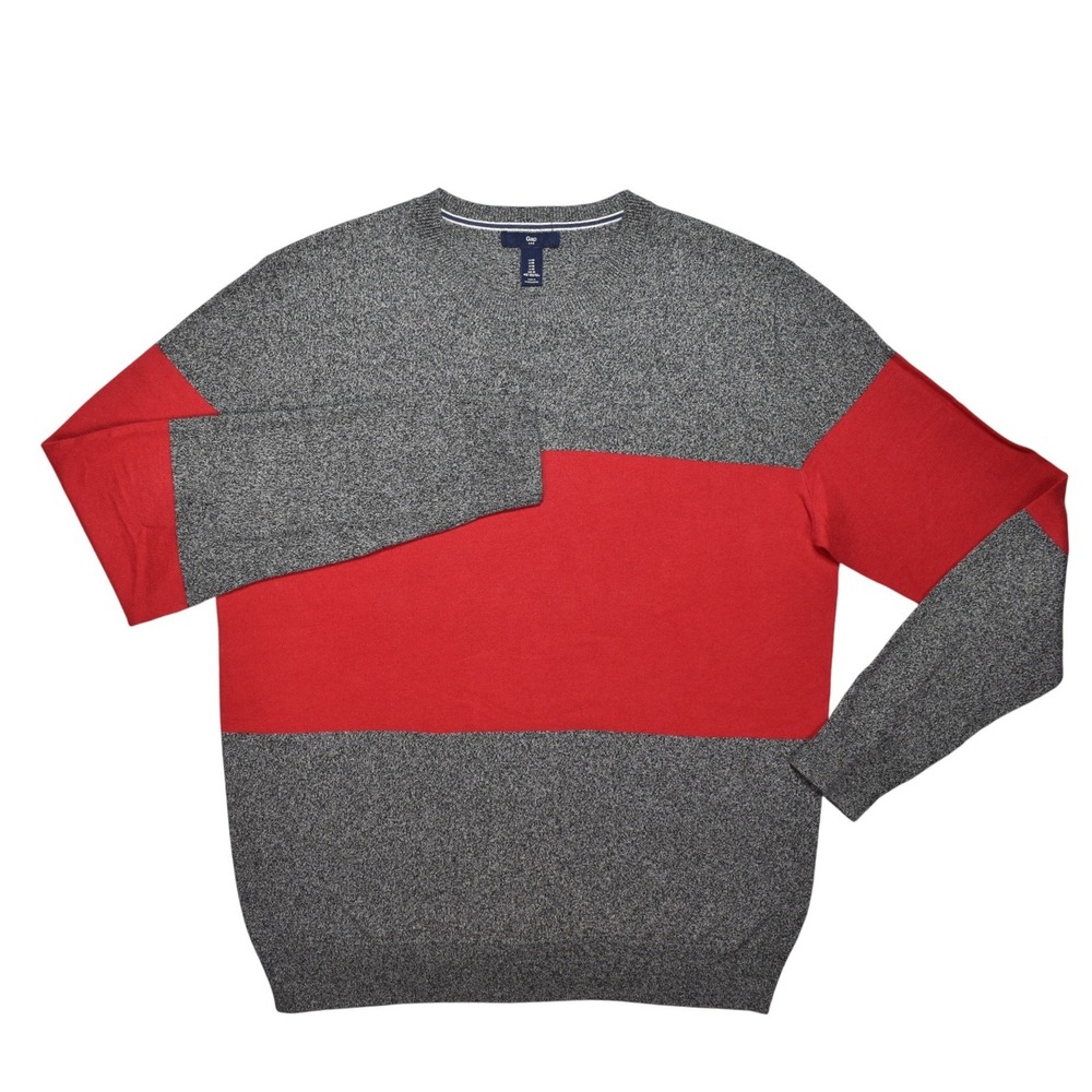 Gap Women Colorblock Crewneck Sweater Grey Marl Red Knit Long Sleeve Size M